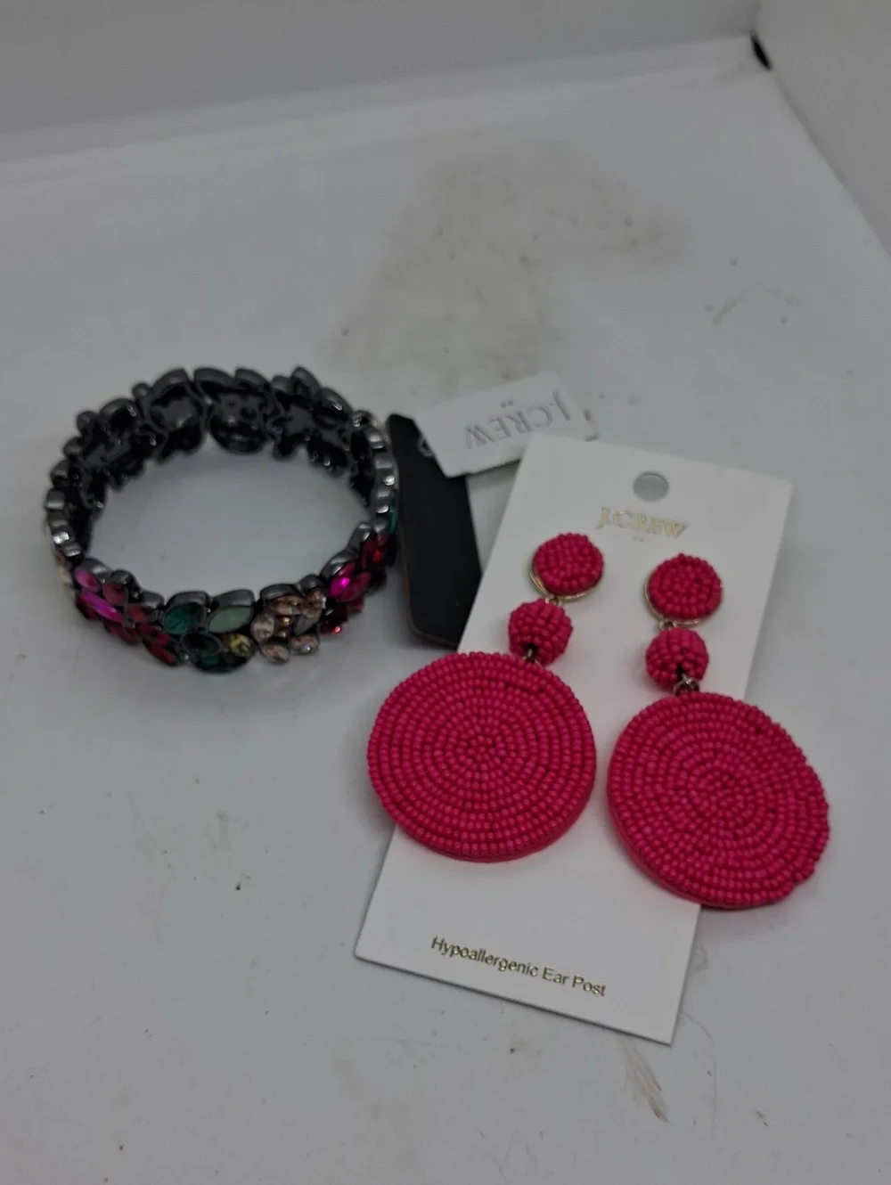 NWT J. Crew Pink Felt Disc Drop Earrings & Multi-colored Stretch Bracelet